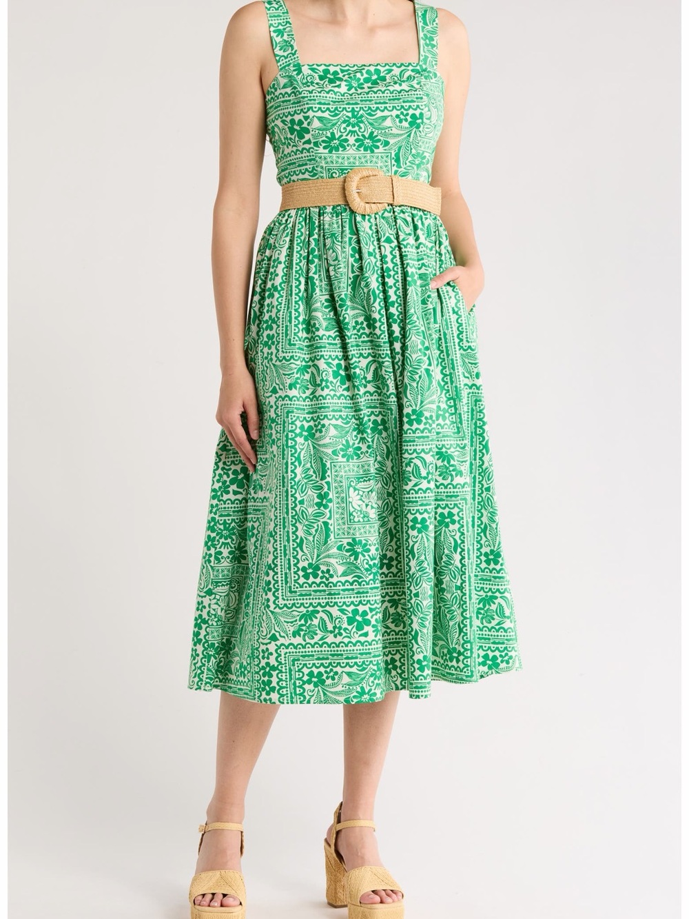 Eliza J Green Printed Square-Neck Midi Dress